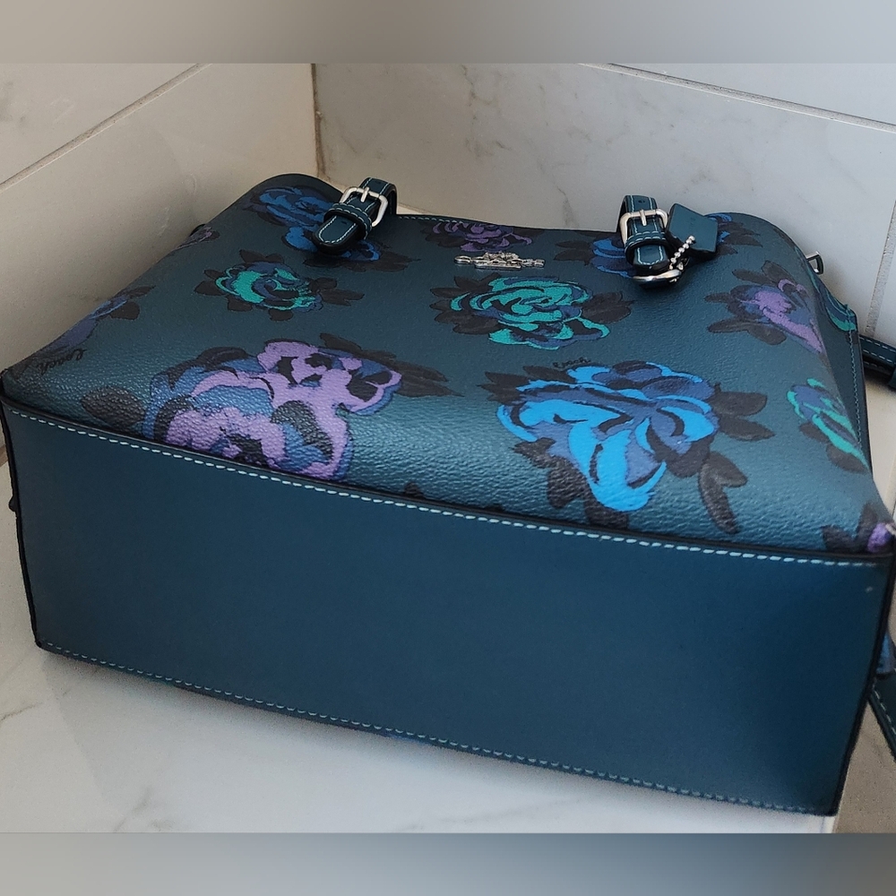 Coach Mollie Tote Large Teal Blue Floral Satchel Cf328 Rare - Picture 6 of 6